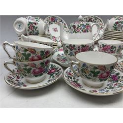 Crown Staffordshire Thousand Flowers pattern part tea service, to include teapot, two open sucriers, eighteen cups, fifteen saucers etc (57)