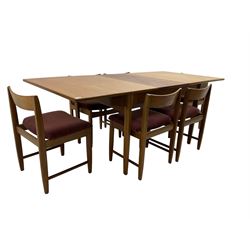 Bath Cabinet Makers BCM - mid-20th century teak extending dining table with butterfly action leaf, on shaped tapering supports (198cm x 92cm x 94cm), BCM - set six teak dining chairs with bar back and upholstered seats (48cm x 45xm x 73cm)