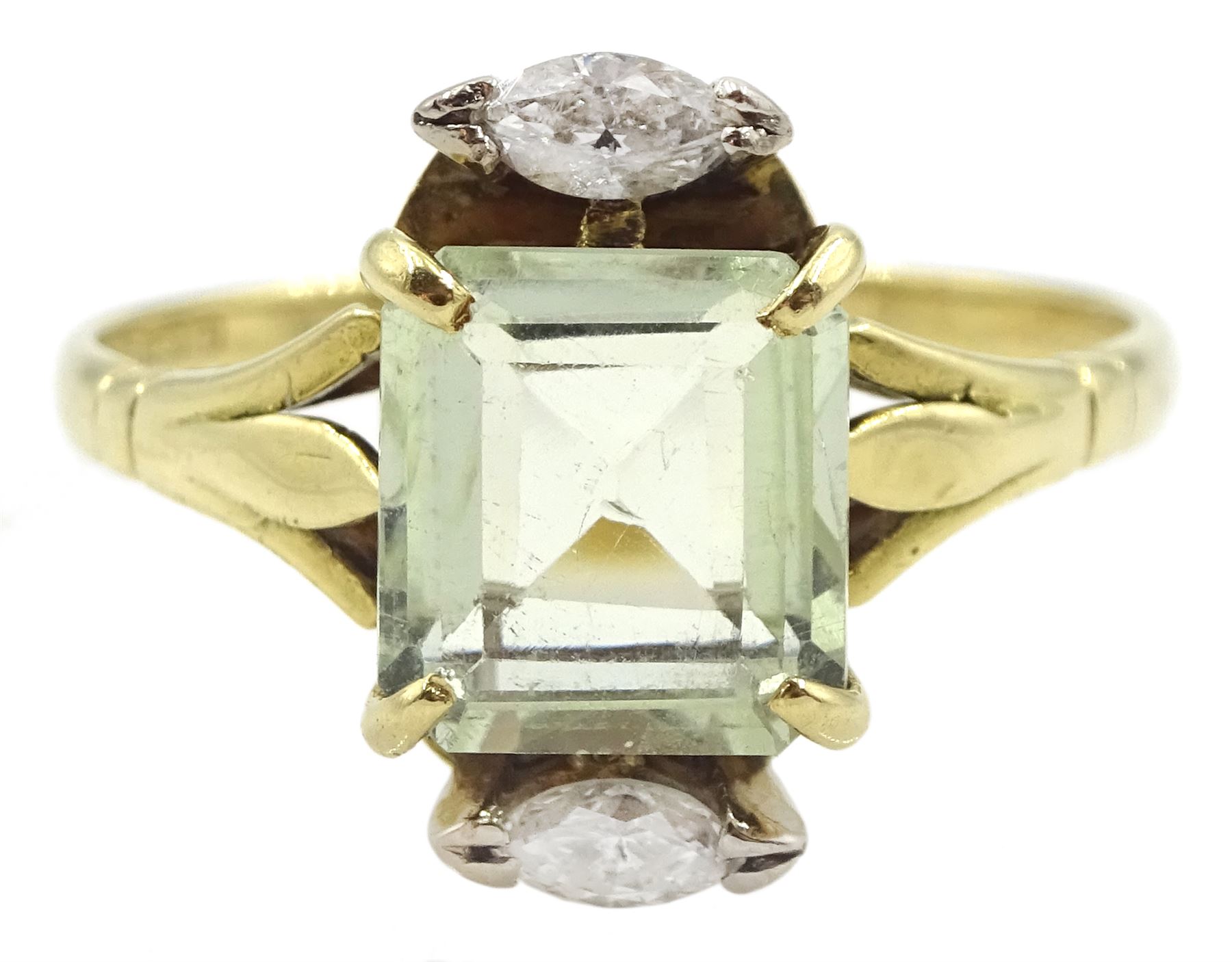 18ct gold three stone emerald cut pale green beryl and marquise shaped diamond ring, Sheffield 1995
