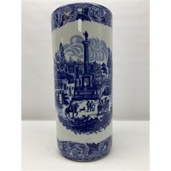 Blue and white umbrella stand, decorated with transfer print decorated with city scape, H43cm