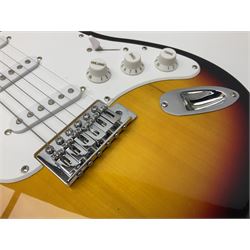 J & D Guitars cut-away electric six-string guitar with three-colour sunburst finish L99cm; in carrying case; and boxed J & D Brothers amplifier (2)
