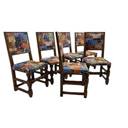 Set six oak high back dining chairs, upholstered in patchwork patterned fabric