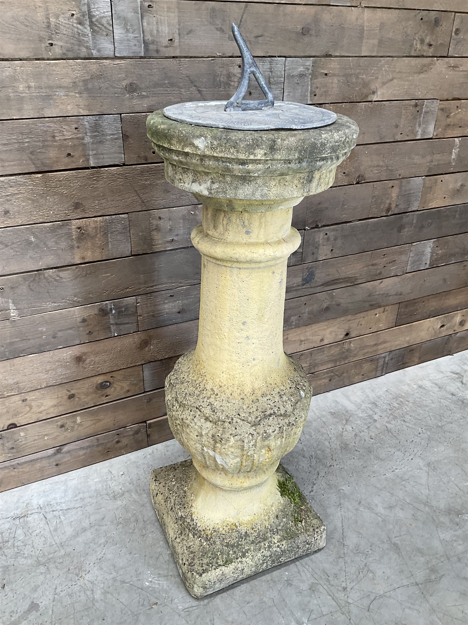 Victorian design cast stone sun dial, circular column with lead NESW plate