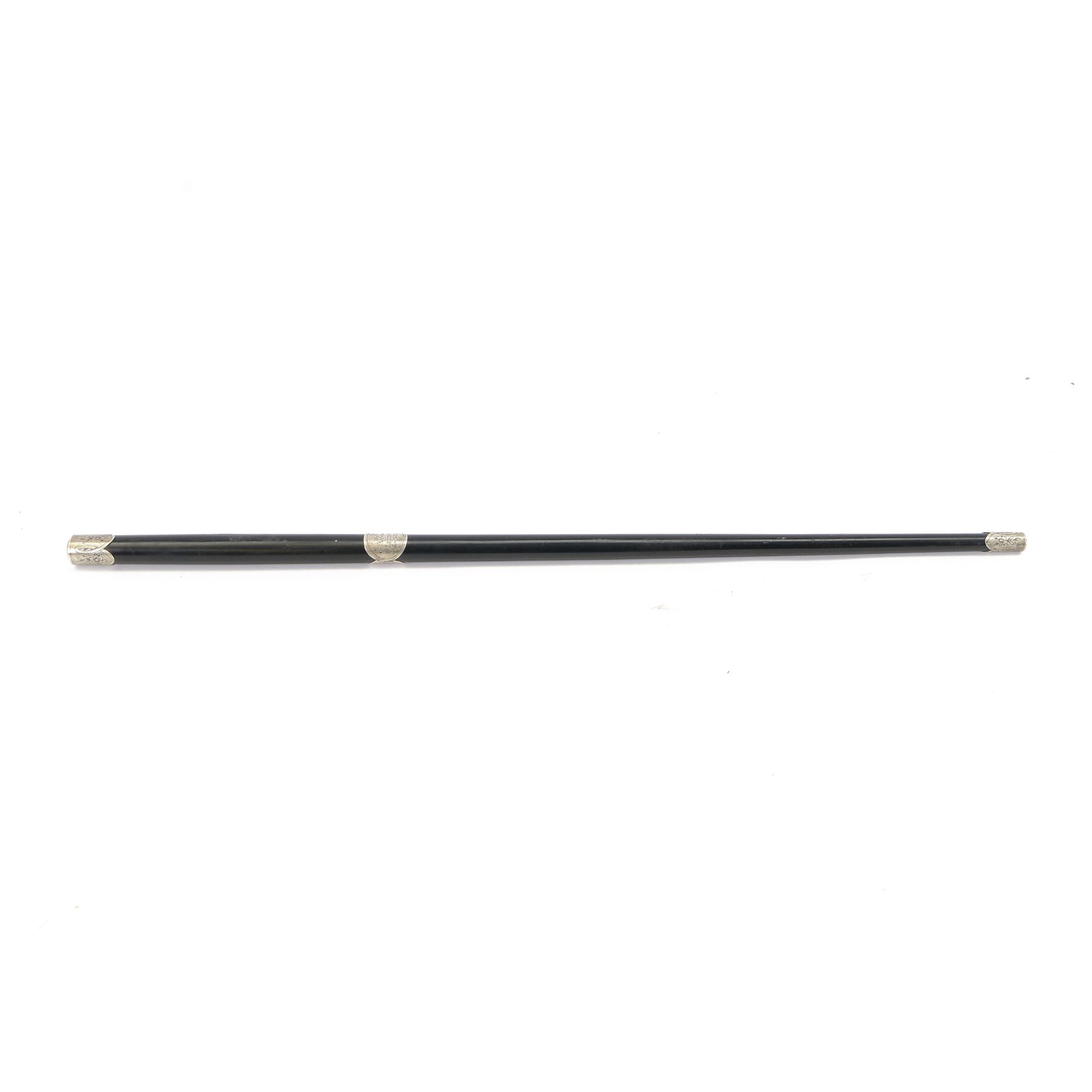 Victorian ebonised wooden conductors baton, with silver caps and collar, the silver collar engraved E. Robinson 30th Nov 1879, L51cm