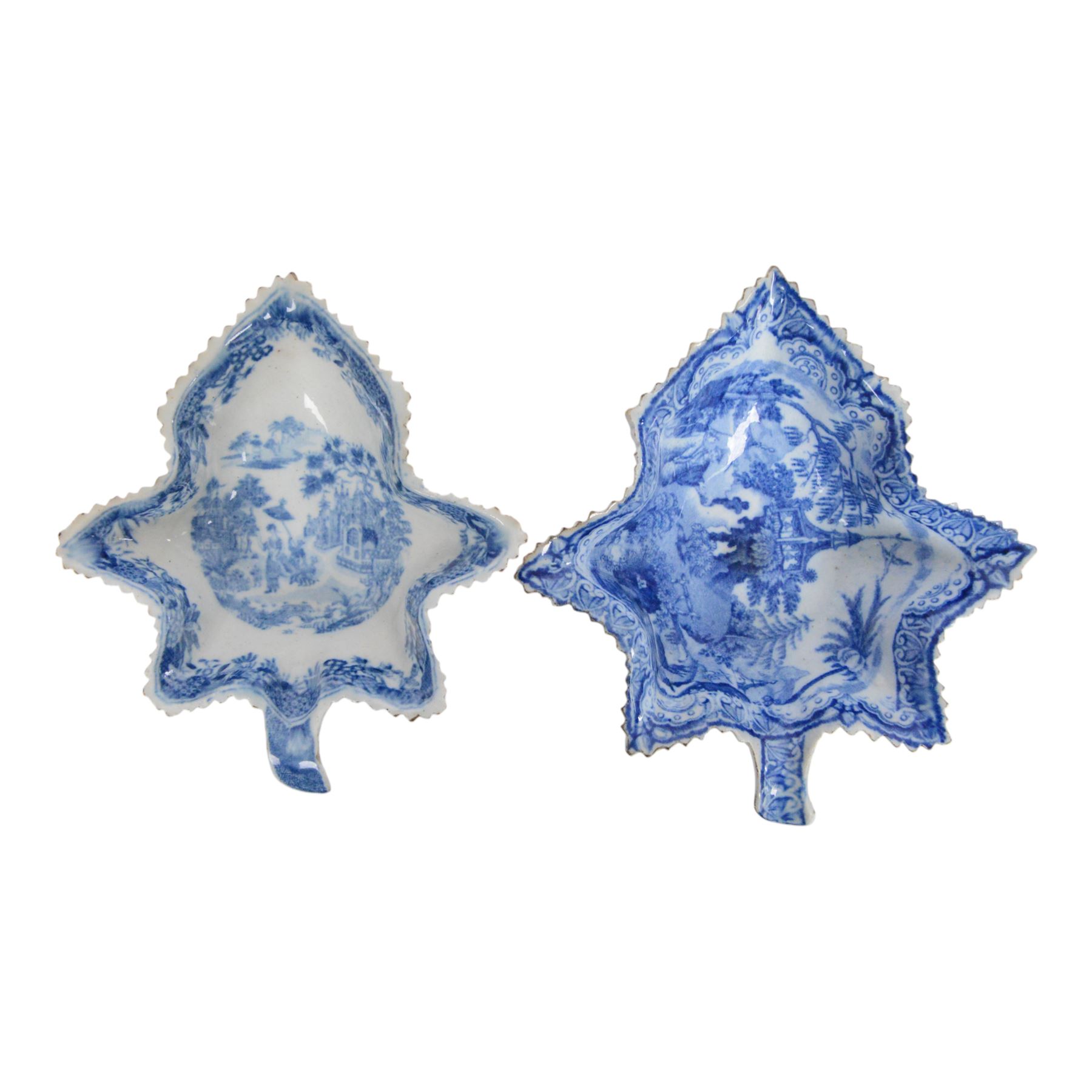 Two early 19th century leaf shape pickle dish, each blue and white transfer printed, the first example decorated in the Queen of Sheba or Chinese Procession pattern, L14cm, the second decorated in a similar pattern with figures under a parasol before a pagoda, L15cm