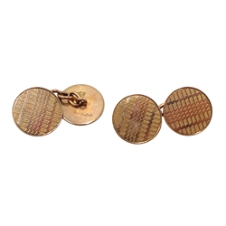  Pair of 9ct gold circular cufflinks, engine turned decoration, hallmarked, approx 5.85gm  