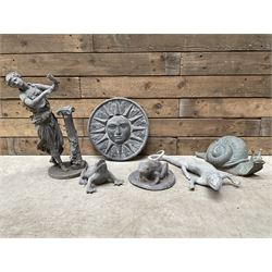 Lead garden ornaments to include two frogs, lizard, sun mask,  figure and a composite snail (6)