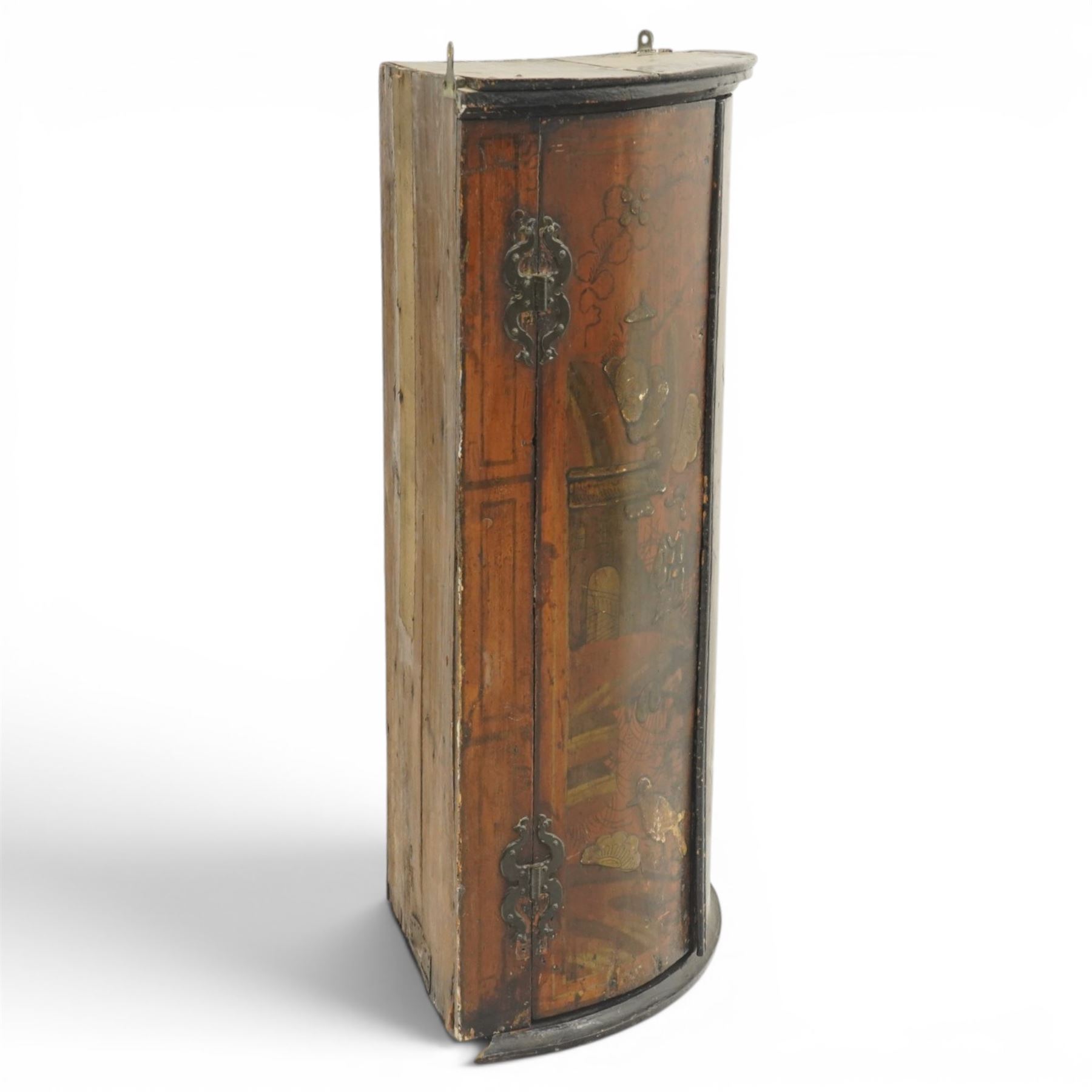 George III period lacquered chinoiserie cylindrical corner cabinet, decorated with traditional pagoda and exotic bird scenes, enclosing two shelves