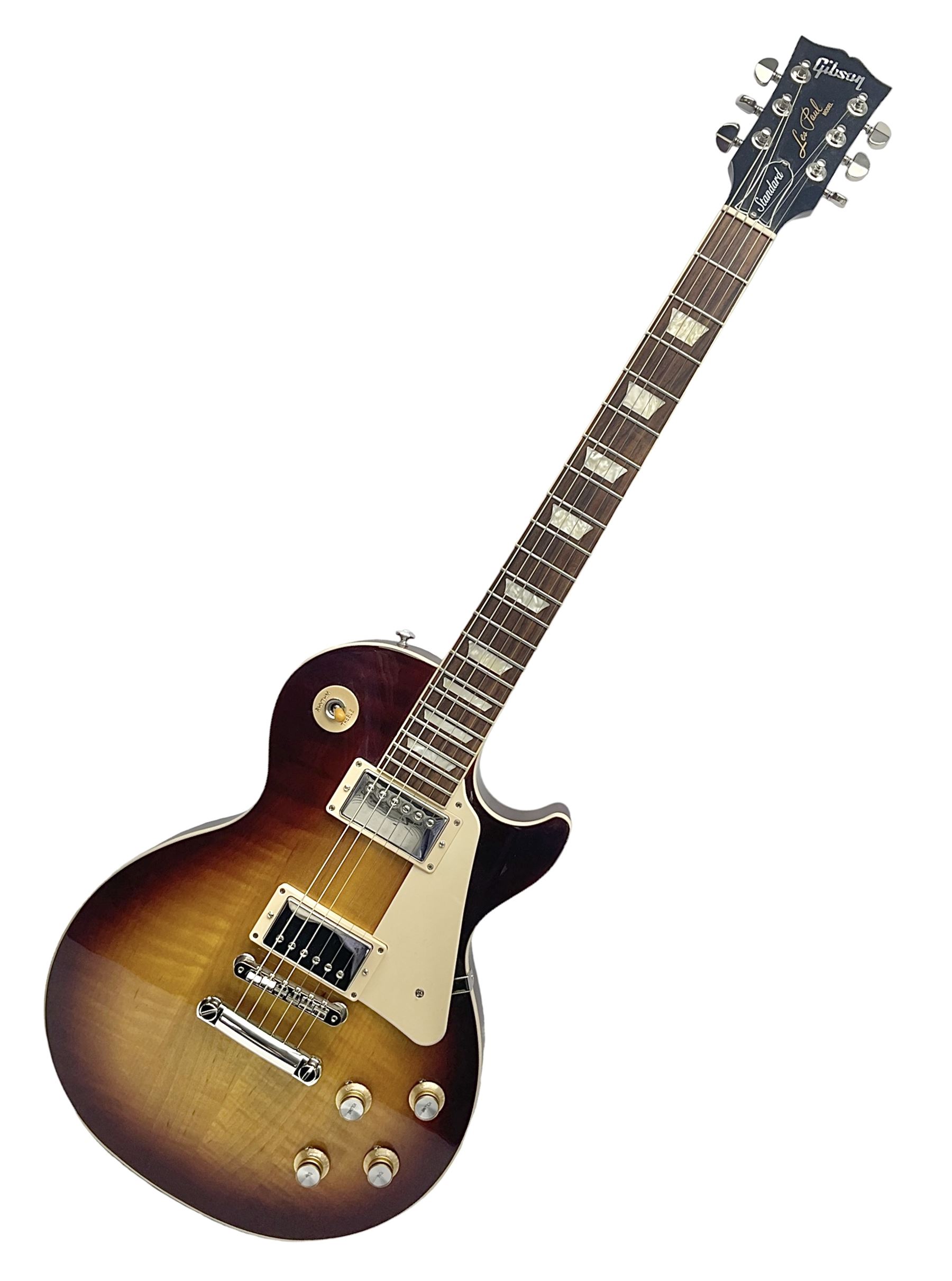 2021 USA Gibson Les Paul Standard guitar Model No LPS600B8NH1 with tobacco sunburst finish; serial no.216610246 L98cm; in Gibson fitted hard case with multitool, cloth, inspection certificate and other paperwork