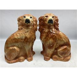 Group of Victorian and later Staffordshire style figures, to include two dogs, Prince upon horse back, horse with pink lustre patches, tall figure of a man beside his dog etc, tallest H41cm