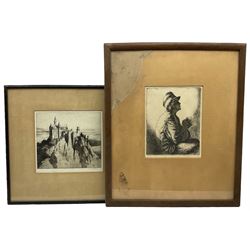 George Percival Gaskell (British 1868-1934): Neuschwanstein Castle Germany, etching signed in pencil together with Julius Komjati (Hungarian 1894-1958): Prisoner in Prayer, etching signed in pencil max 23cm x 25cm (2)