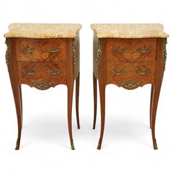 Pair of early 20th century French marquetry bedside cabinets, each serpentine marble top a...