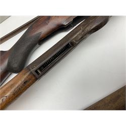 Assorted rifle and pistol spares; early Gem air rifle with sawn off barrel (piece present); telescopic sight; canvas/leather ammunition pouch; Mauser stock; barrel browning solution etc