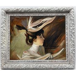After Giovanni Boldini (Italian 1842-1931): The New Hat - Portrait of Lina Cavalieri, oil on canvas unsigned, James Bourlet & Sons label verso 59cm x 75cm