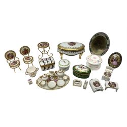 Limoges La Reine miniature furniture to include two chairs and table set, wardrobe etc, Limoges lidded boxes to include Bernadaud example, Limoges miniature tea service on tray, other boxes and miniatures to include Spode twin handled loving cup etc