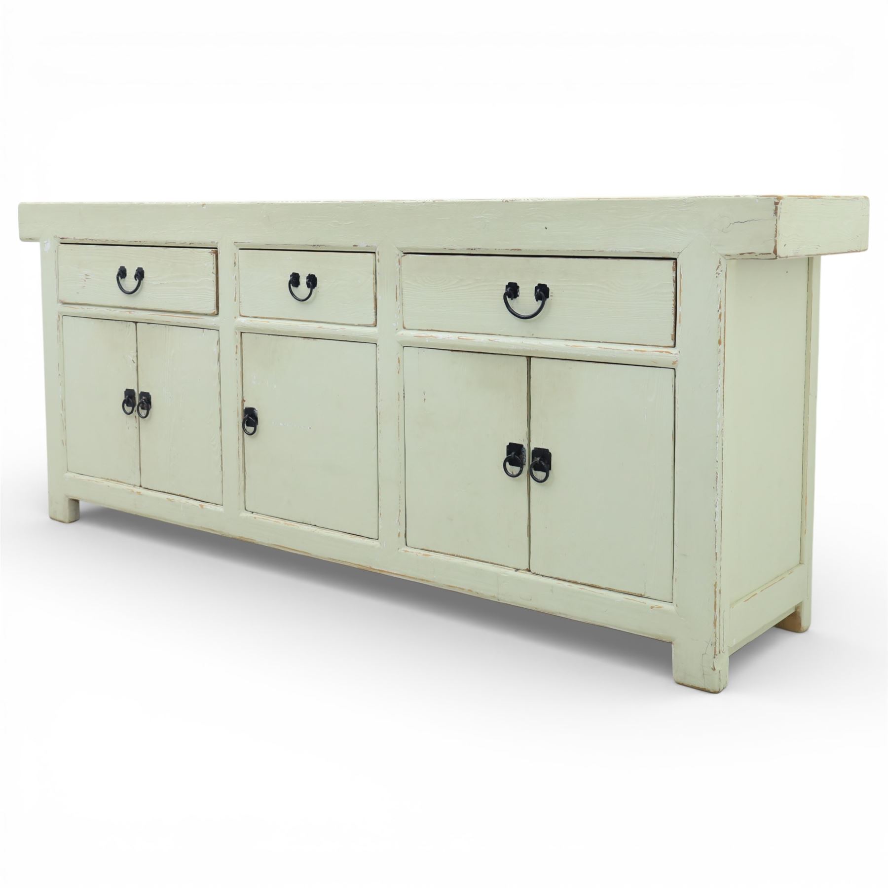 Large painted pine dresser sideboard, fitted with three drawers and five cupboards