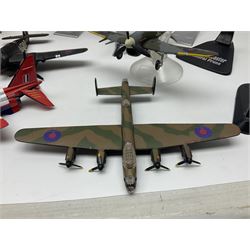 Thirteen unboxed Corgi Aviation Archive or similar die-cast models of aircraft, most with stands; Airfix 1:72 scale construction kit for BAe Harrier GR3; and two boxed Shell Collection die-cast models of cars
