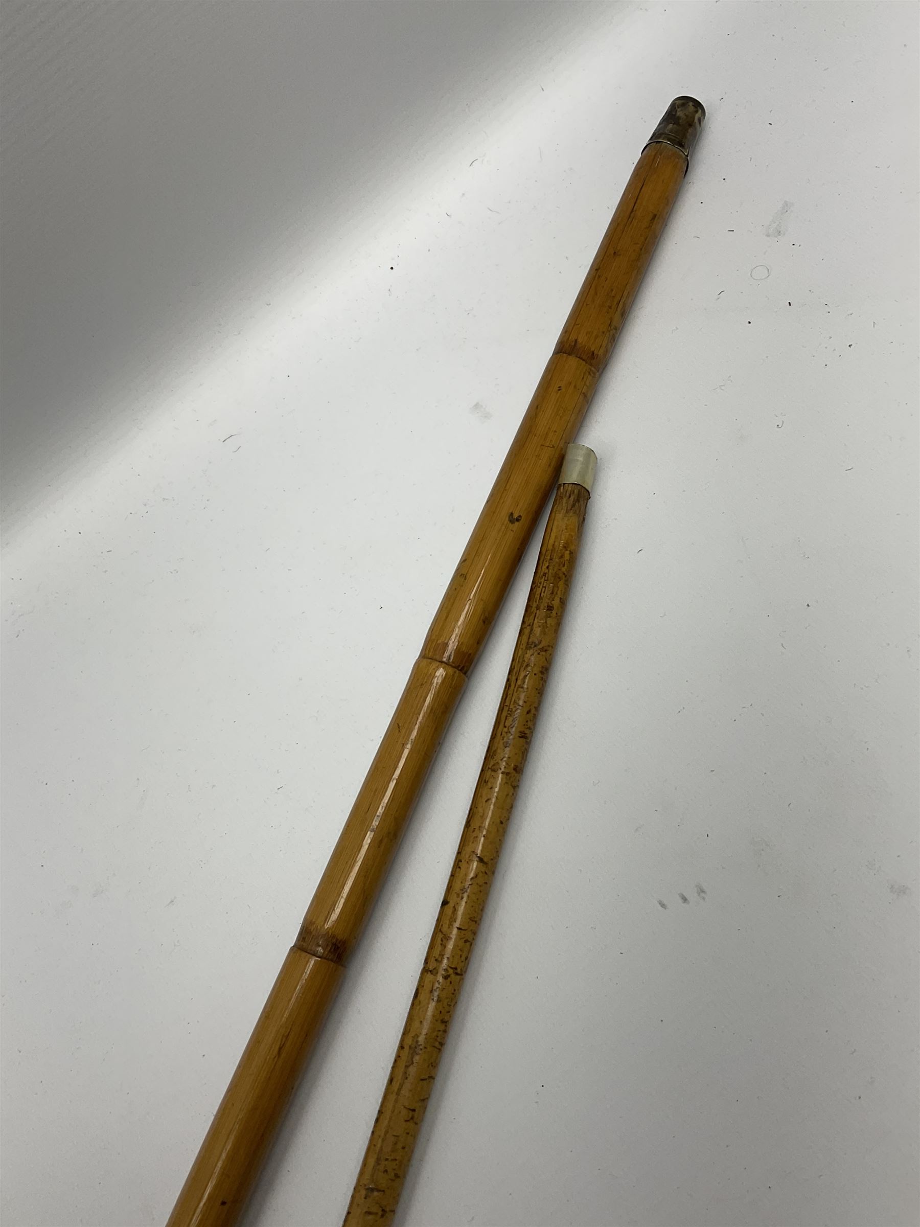 Bamboo walking cane with silver-plate top, L86cm together with a regimental swagger stick with silver plated top