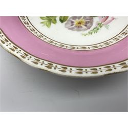 Victorian Copeland, Botanical dessert service, decorated with floral sprigs to the centre with a pink and gilt border, comprising five comports and seven plates, largest comport H20cm, plate D22cm