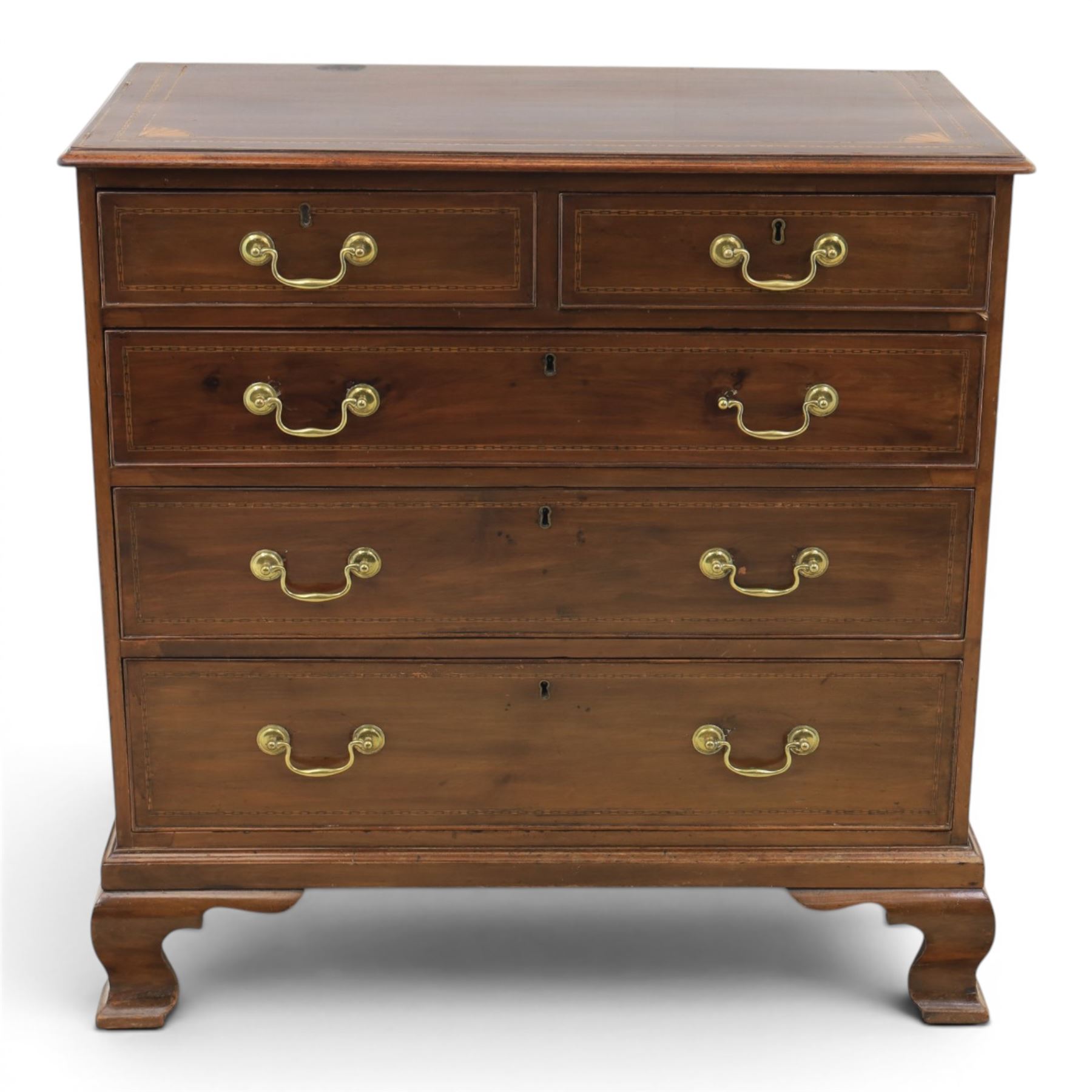 George III inlaid mahogany chest, shell inlaid and line chain detail, brass swan neck with cockbeaded edges, raised on bracket feet  