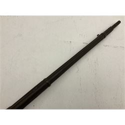 20th century Indian percussion musket, the 76cm barrel with two bands, indistinctly inscribed lock-plate, walnut full stock stamped 642 with brass butt and trigger guard and under barrel ramrod channel L121cm overall