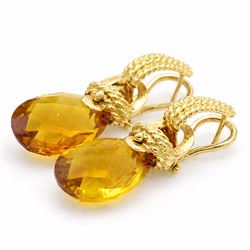 Pair of 18ct gold citrine pendant earrings, each stud with a rope twist half hoop, suspending a detachable briolette cut citrine, with twist mount, stamped 750