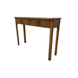 Contemporary ash and burrwood side table, moulded rectangular banded top over four drawers, square supports with outer mould and inner chamfer L110cm