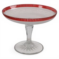 Two Victorian clear, frosted and cranberry cut glass tazzas, largest example H15.5cm D27cm
