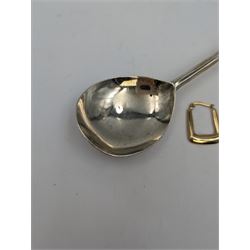 Pair of 9ct gold rectangular hoop earrings, stamped 375, together with a silver seal top spoon, hallmarked