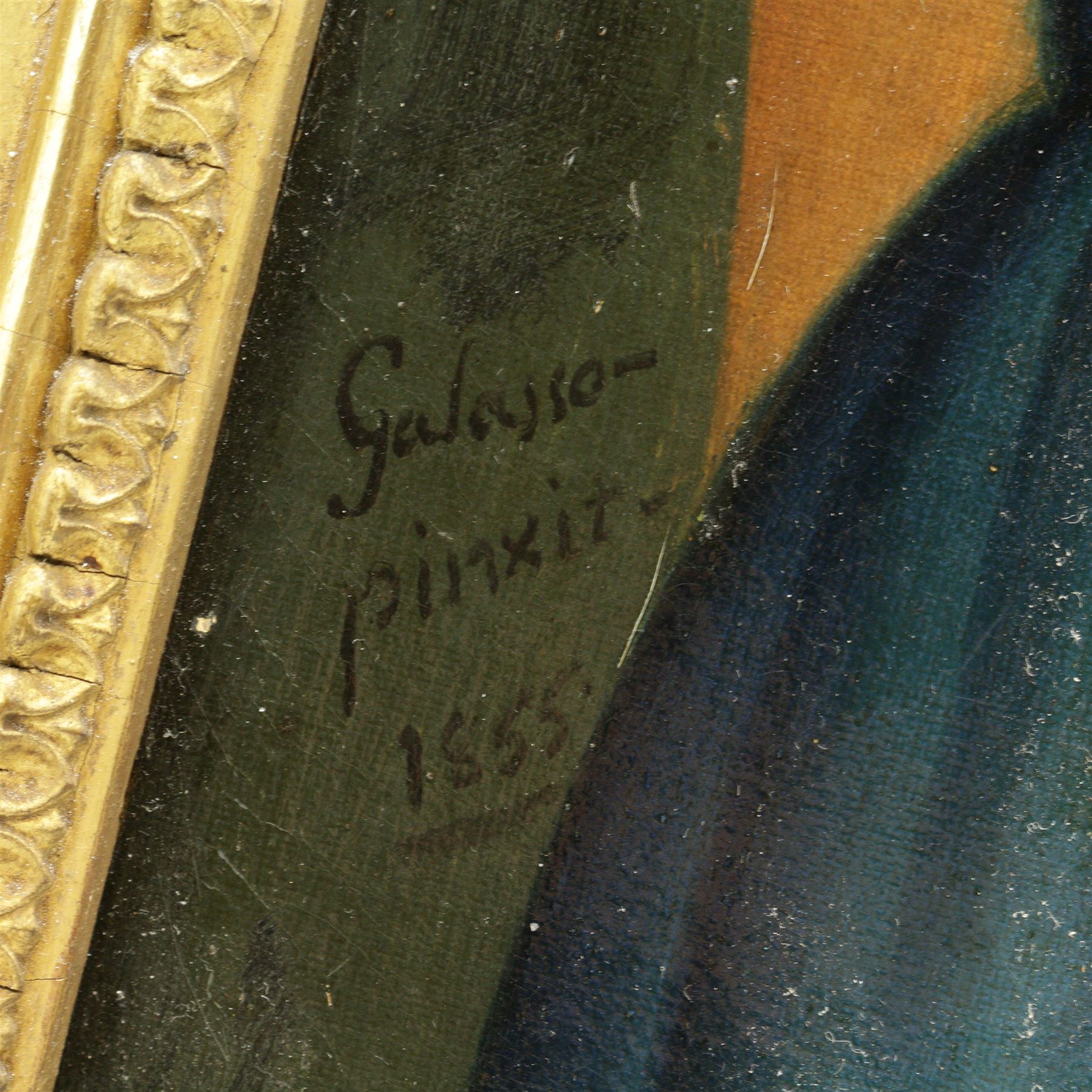 Manner of Ammi Phillips (American 1788-1865): Portrait of Lady in a Blue Dress, oil on canvas bearing inscription 'Galasso Pinxit 1855', 66cm x 50cm
Notes: Phillips was a self-taught artist who was constantly developing his skills as he moved around America, formulating his style to what was popular in an area. For this reason, he did not often sign his work and thus many of his portraits have been misattributed to other artists, particularly due to subtle changes in his technique and his own personal development in portraiture. Various features are instantly recognisable as in the style of Phillips - for instance the framing of the face using stark white collars, often in lace for women. The upright position of the sitter, the muted and dark tones used, and the setting of their dark eyes among round features can all be considered as signature characteristics of a Phillips portrait.