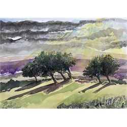 Paula Seller (Northern British Contemporary): 'Trees on the North York Moors, seen and sketched from the Scarborough - Whitby road', watercolour signed titled and dated 2023, 25cm x 35cm