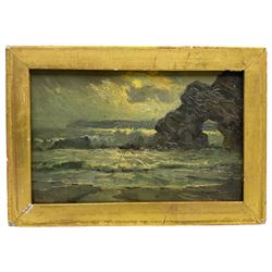 Alexander Carruthers Gould RBA (British 1870-1948): 'Moonlight on the Cornish Coast', oil on panel signed, original title label verso 14cm x 22cm