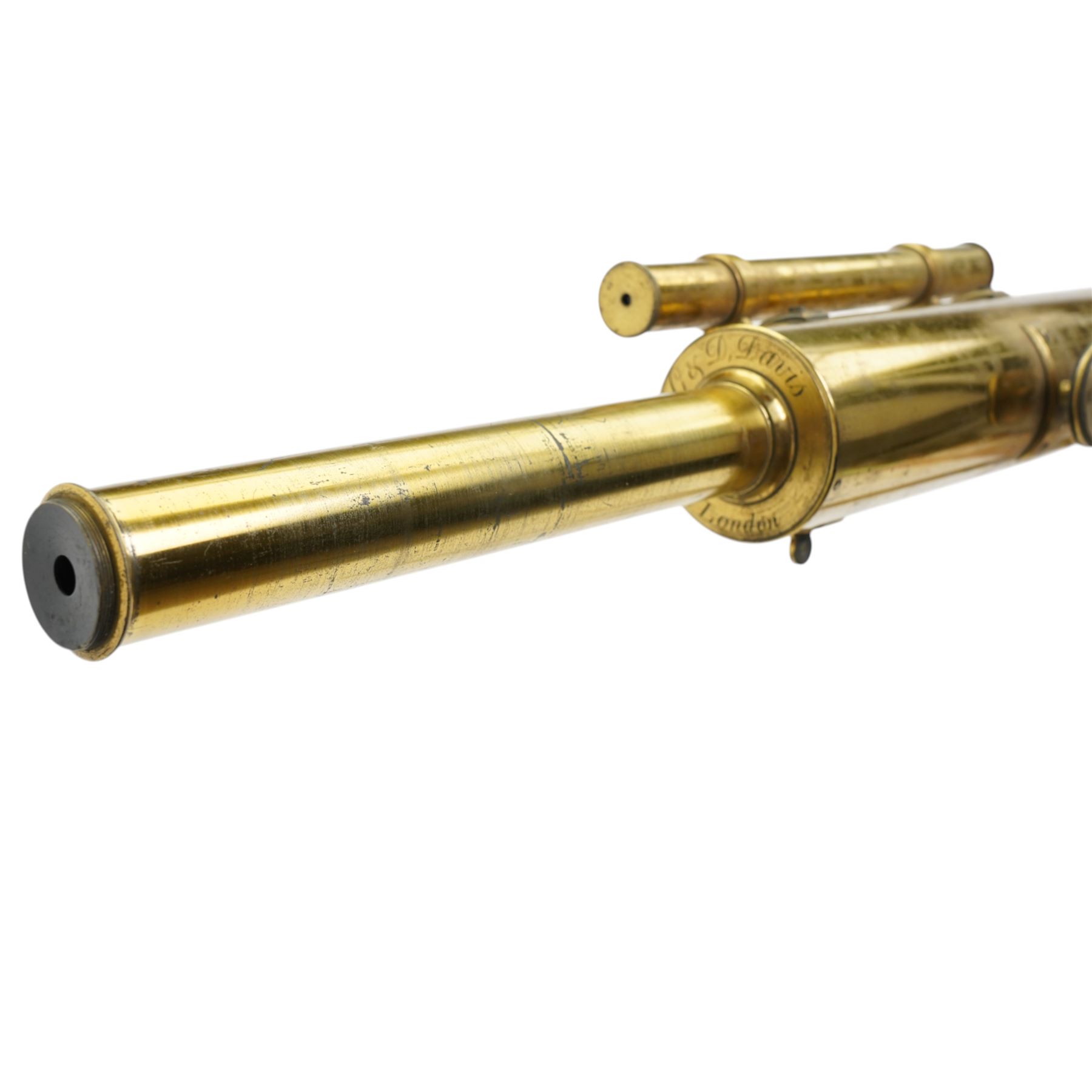 19th century brass telescope by G & D Davis, London on a tripod stand and in mahogany case, length of case 114cm