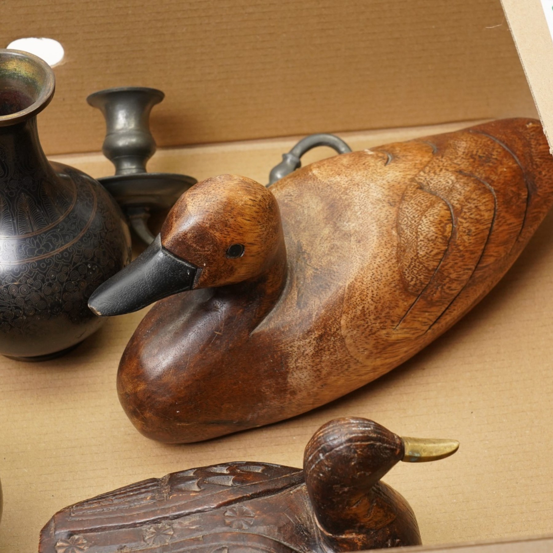 Three decoy duck models, together with a barley twist candlestick, pair of cloisonne vases and further candlestick holder (7)