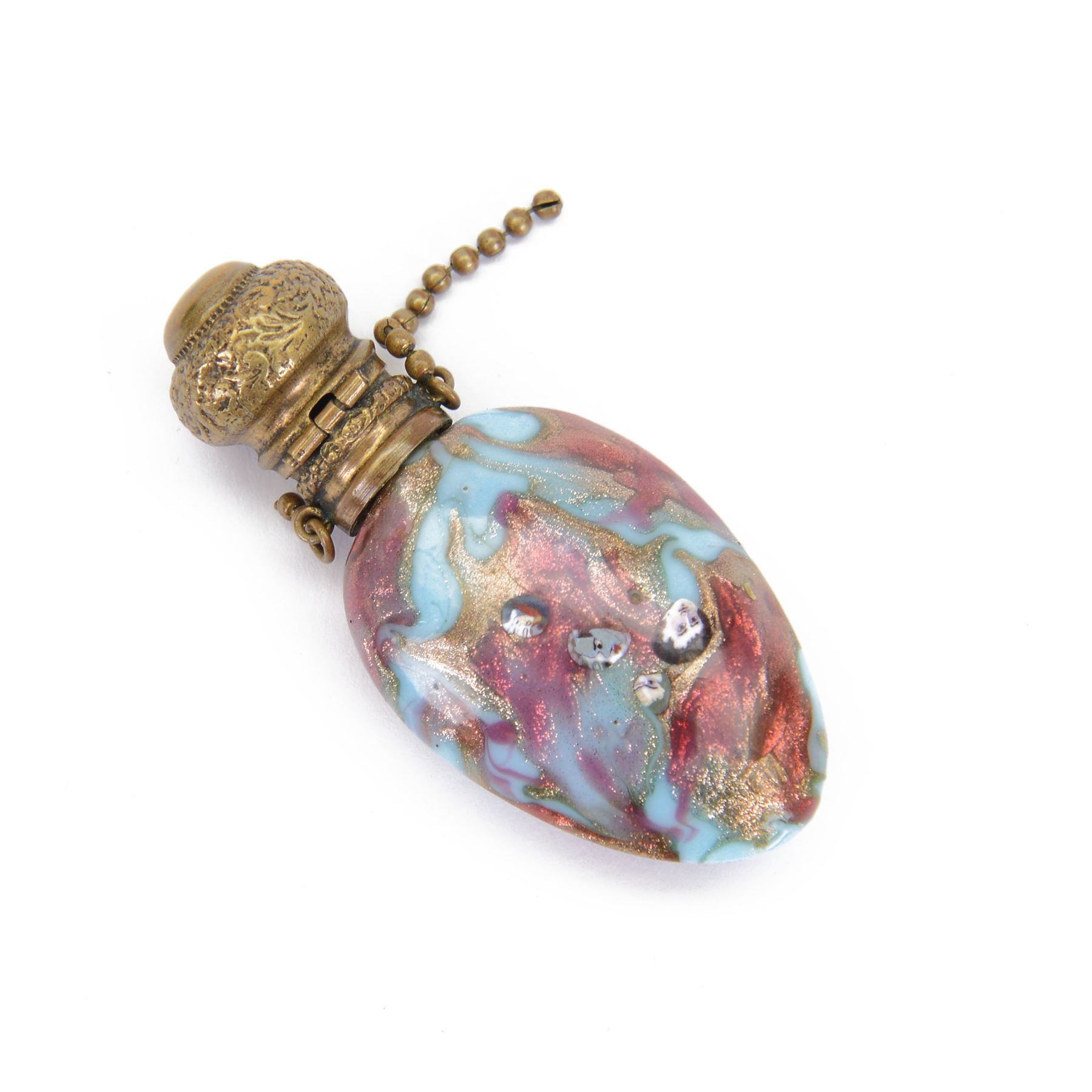 19th century Venetian glass scent bottle in the manner of Franchini-Bigaglia, of compressed ovoid form, set with seven portrait murrine canes over a mottled pale blue and pink ground with aventurine inclusions, with hinged gilt metal clasp, H7.5cm