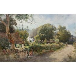 Samuel Towers (British 1862-1943): Girl with Kitten by Country Cottage, watercolour signed and dated 1899, 37cm x 58cm