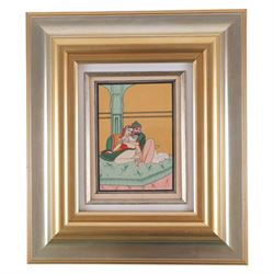 Moghul School (19th/20th century): Erotic scenes, pair watercolours unsigned 19cm x 13.5cm; Japanese School (19th/20th century): Lady's Bath House, woodcut print 13cm x 19cm (3)