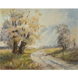 Pat Newton (British 20th century): 'Winter in West Norfolk' and 'The Farm in Winter', pair of acrylics signed, titled on label verso, in matching frames 19cm x 24cm; George 'Griff' Griffiths (British 1939-2017): 'Arthington Bank', watercolour signed, titled and dated 1977 on label verso 24cm x 16cm (3)