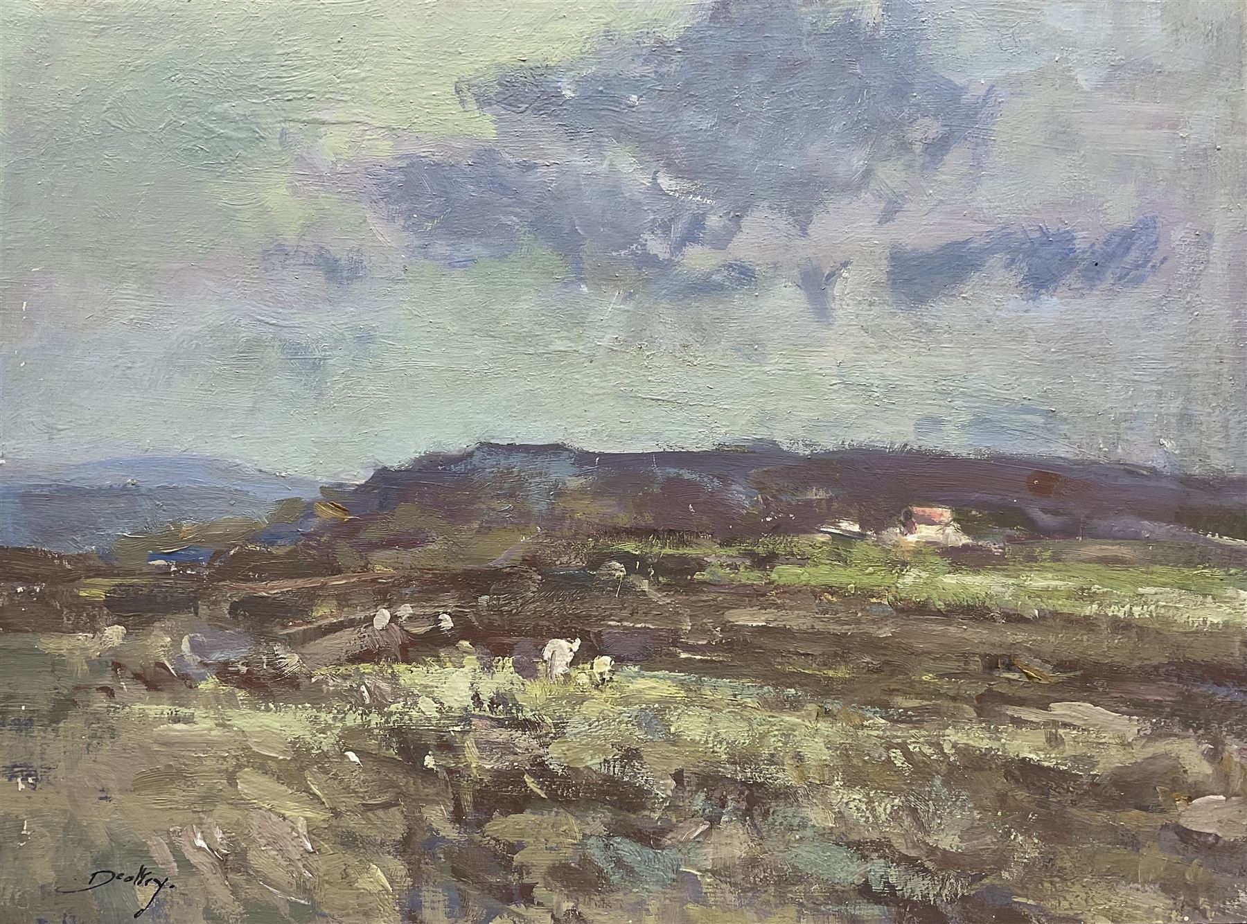 William B Dealtry (British 1915-2007): Sheep in a Landscape, oil on board signed 44cm x 59cm 
Provenance: direct from the family of the artist.