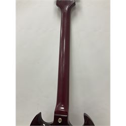 Gibson Epiphone SG six string electric guitar, with cherry red mahogany finish and black scratch guard, L102cm