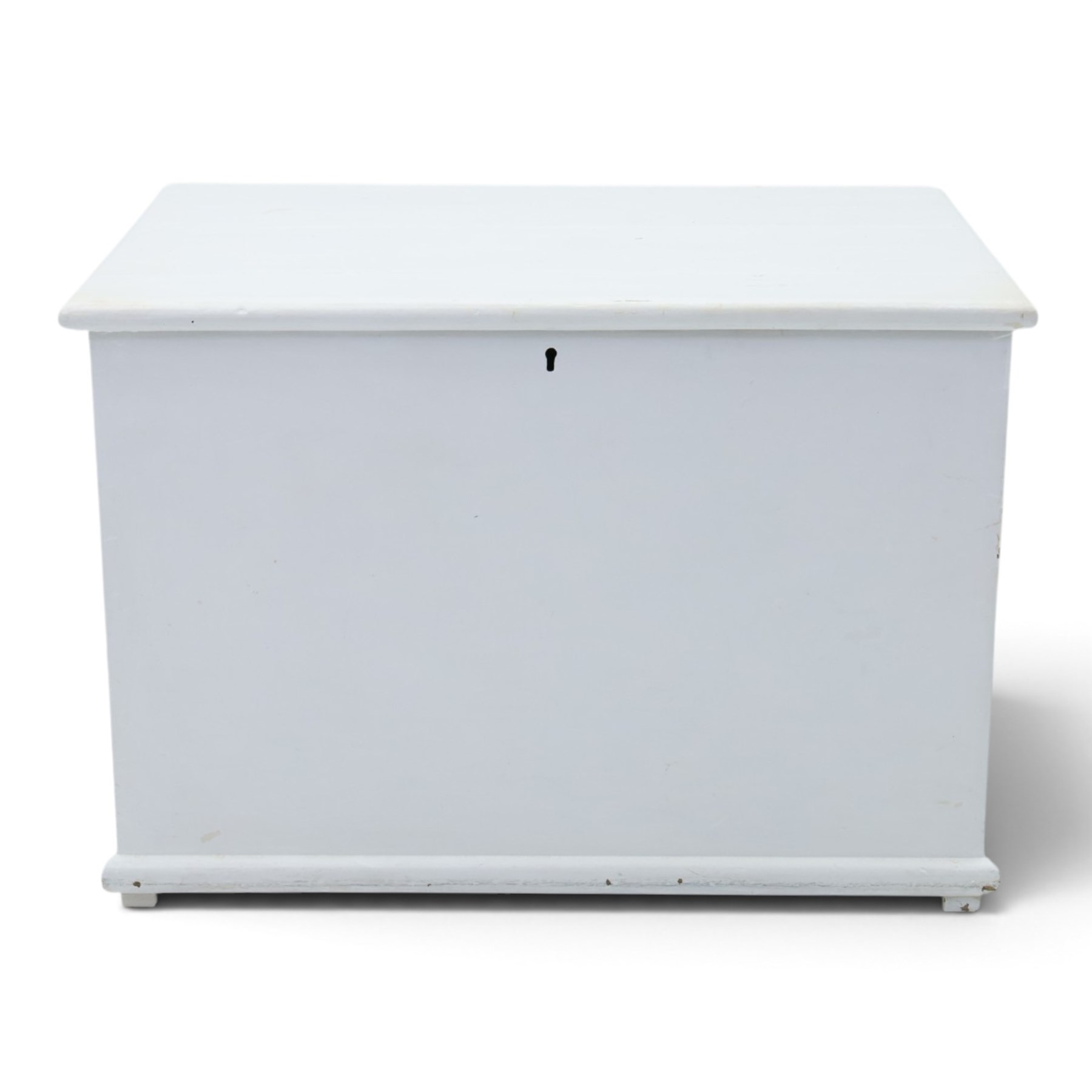 Victorian white painted pine blanket chest, with iron strap hinges, with fitted candle box, metal carrying handles