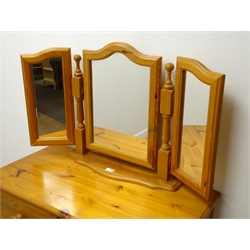  Pine chest, two short three long drawers, bun feet (W89cm, H82cm, D43cm) and a three piece dressing mirror  