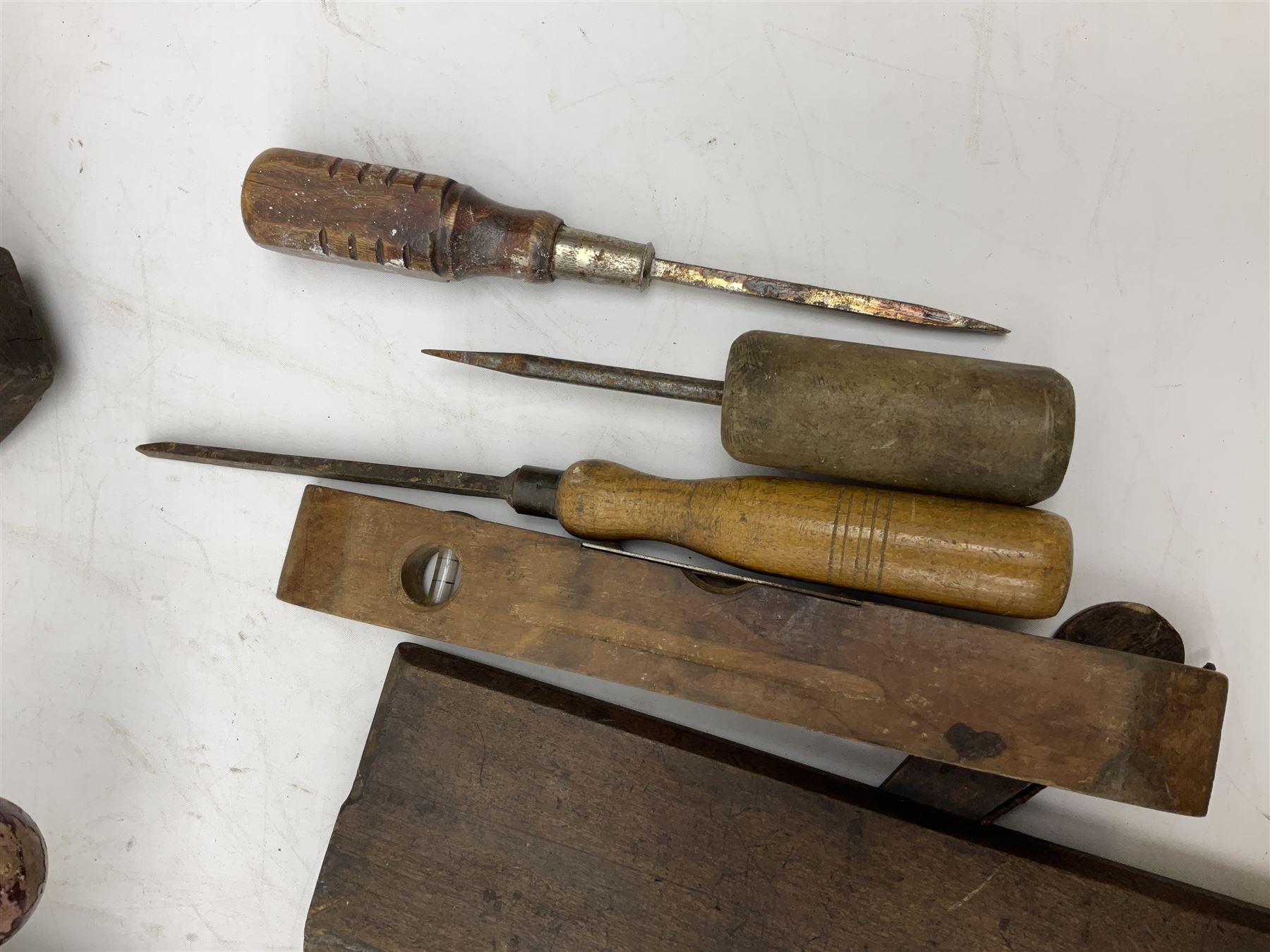 Quantity of woodworking tools, comprising hand drills to include Stanley No. 803 and No. 5803, Qualcast Clipper etc, together with collection of planes to include moulding examples and rebate plane of stepped form, and further tools including chisels etc