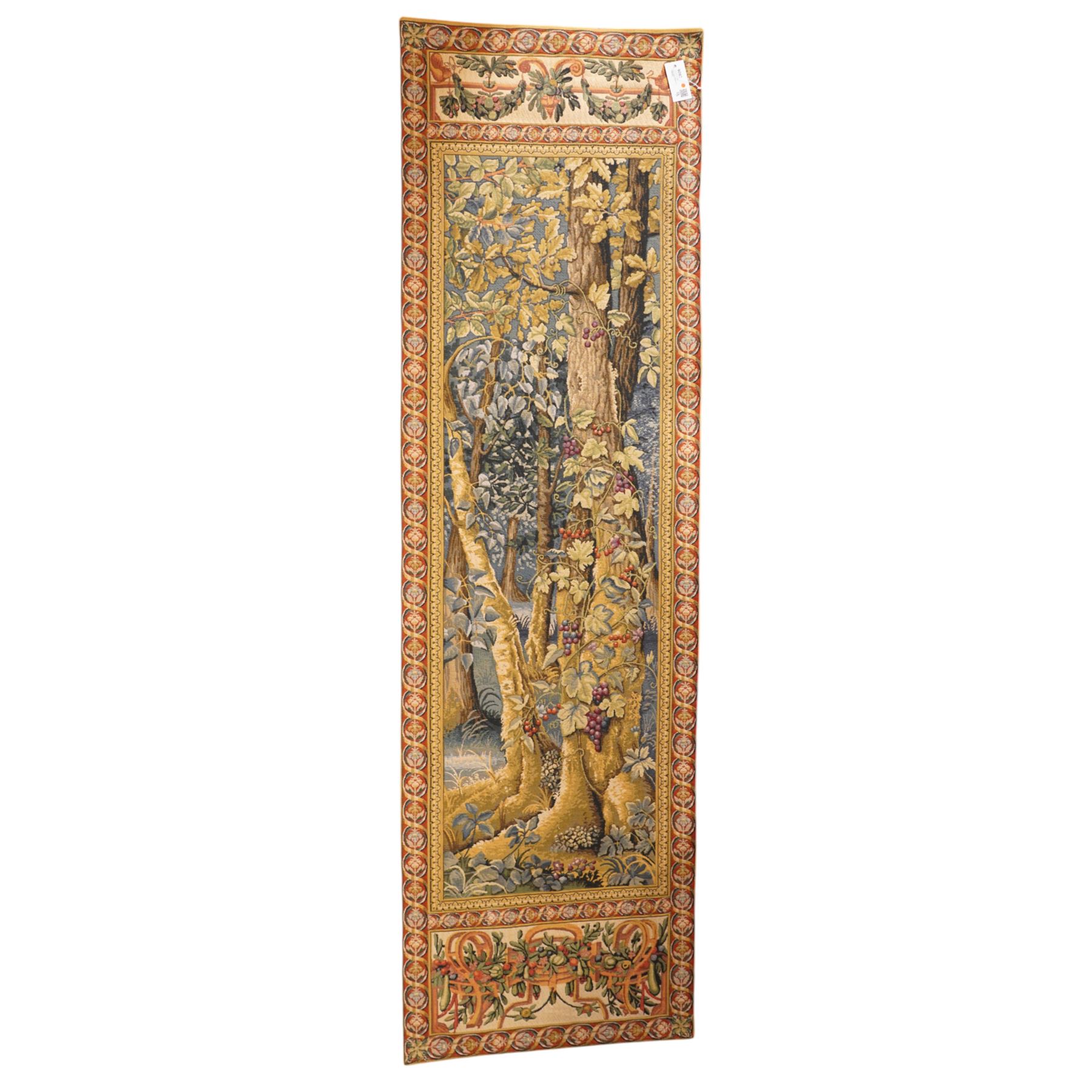 Two 20th century Napoleonic style wall hanging tapestries, with forest and crest designs, larger 216cm x 62cm, smaller 109cm x 81cm