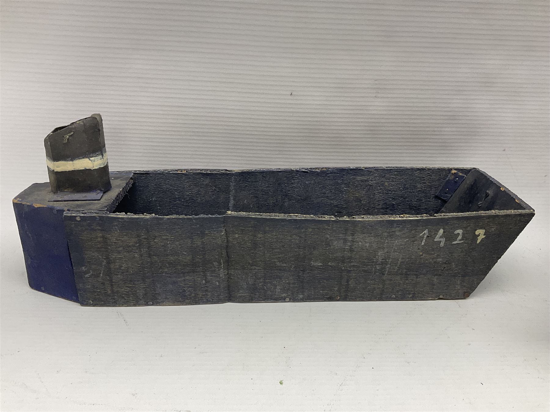 1940s French wooden eight wheel model FFI free tank, painted in brown camouflage, together with a 1940s wooden scratch built model of a landing craft, tank H18cm, W31cm