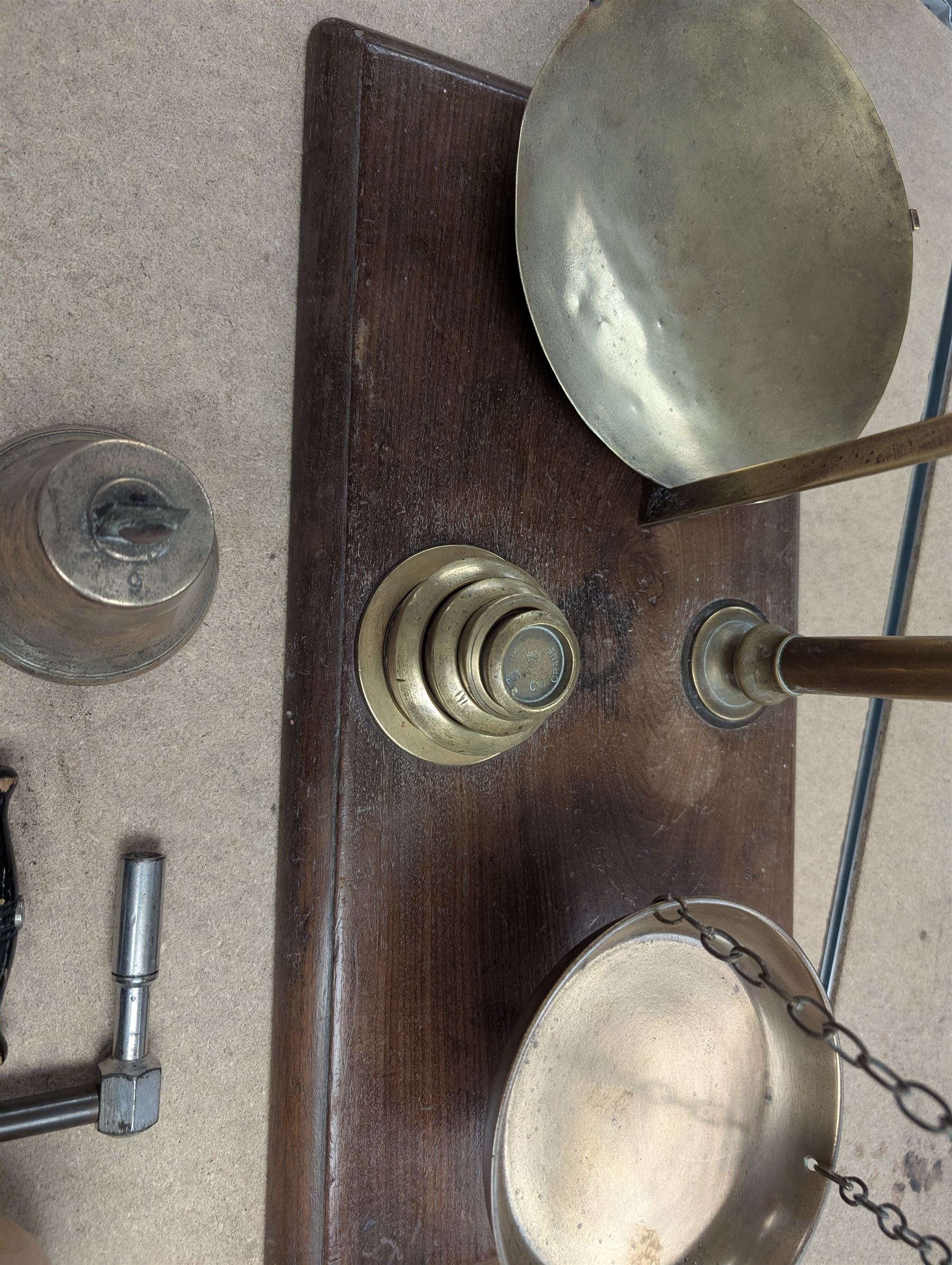 Avery Brass balance scales with weights on wooden plinth, Cannon grinding wheel, wheelwright's wooden traveller etc