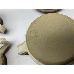 Collection of studio pottery, to include salt glaze vase with trailed decoration, impressed JH mark, possibly Joanna Still (nee Harrisson), set of six cups and vase by Diana Eden with impressed DE marks beneath, etc