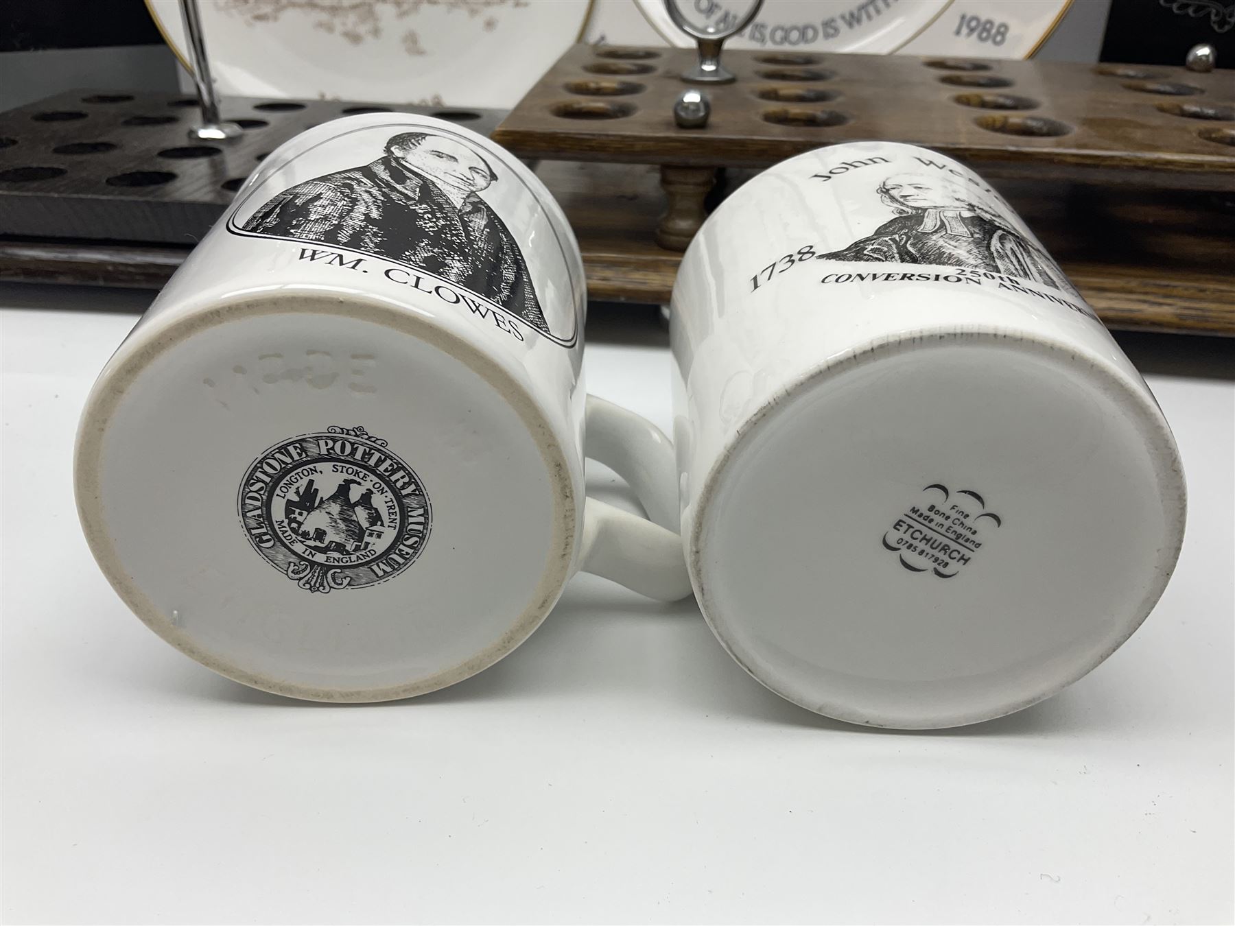 Collectables relating to the Methodist Church, including plates, goblet and mugs commemorating the 250th anniversary of the church, together with two wooden communion cup holders, etc