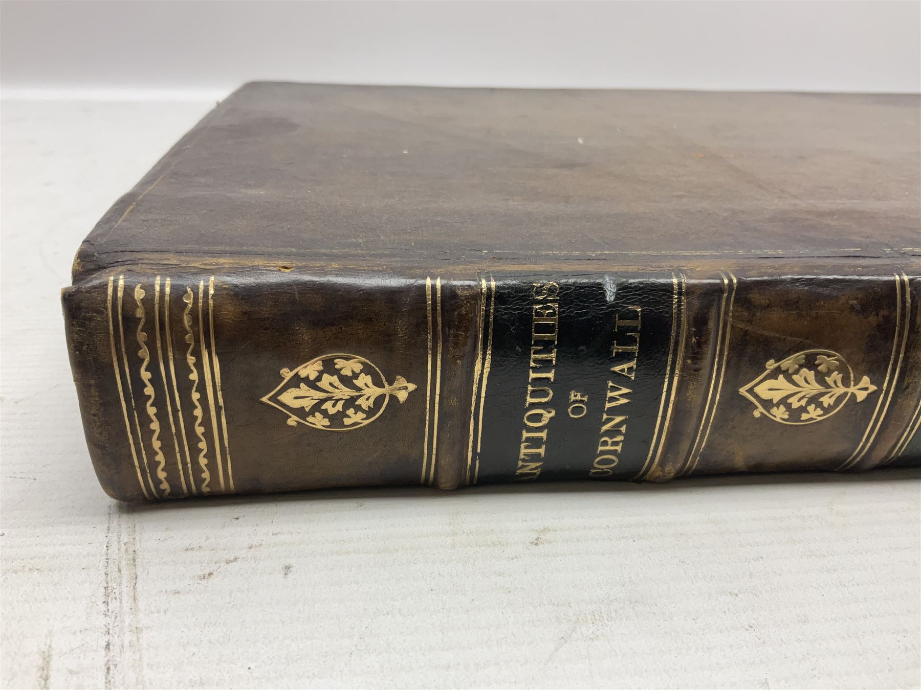 William Borlase; Observations on the Antiquities Historical and Monumental of the County of Cornwall, 1754, printed by W. Jackson, High Street, Oxford, leather bound iwth gilt detailing and lettering to spine