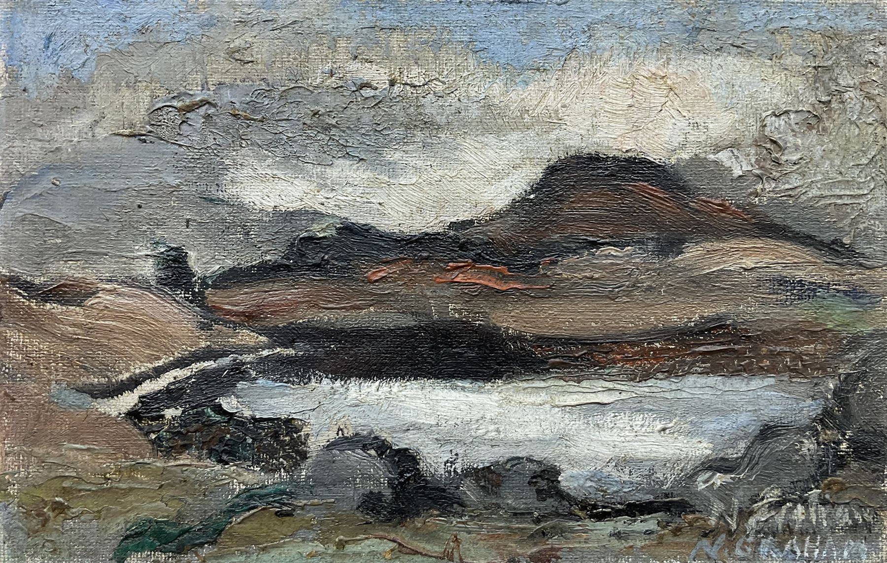 Nancy Graham (20th century): 'Loch-Na-Creag', oil on canvas board signed, titled verso with artist's address 'Corshill, Thornhill-by-Stirling' 10cm x 15.5cm